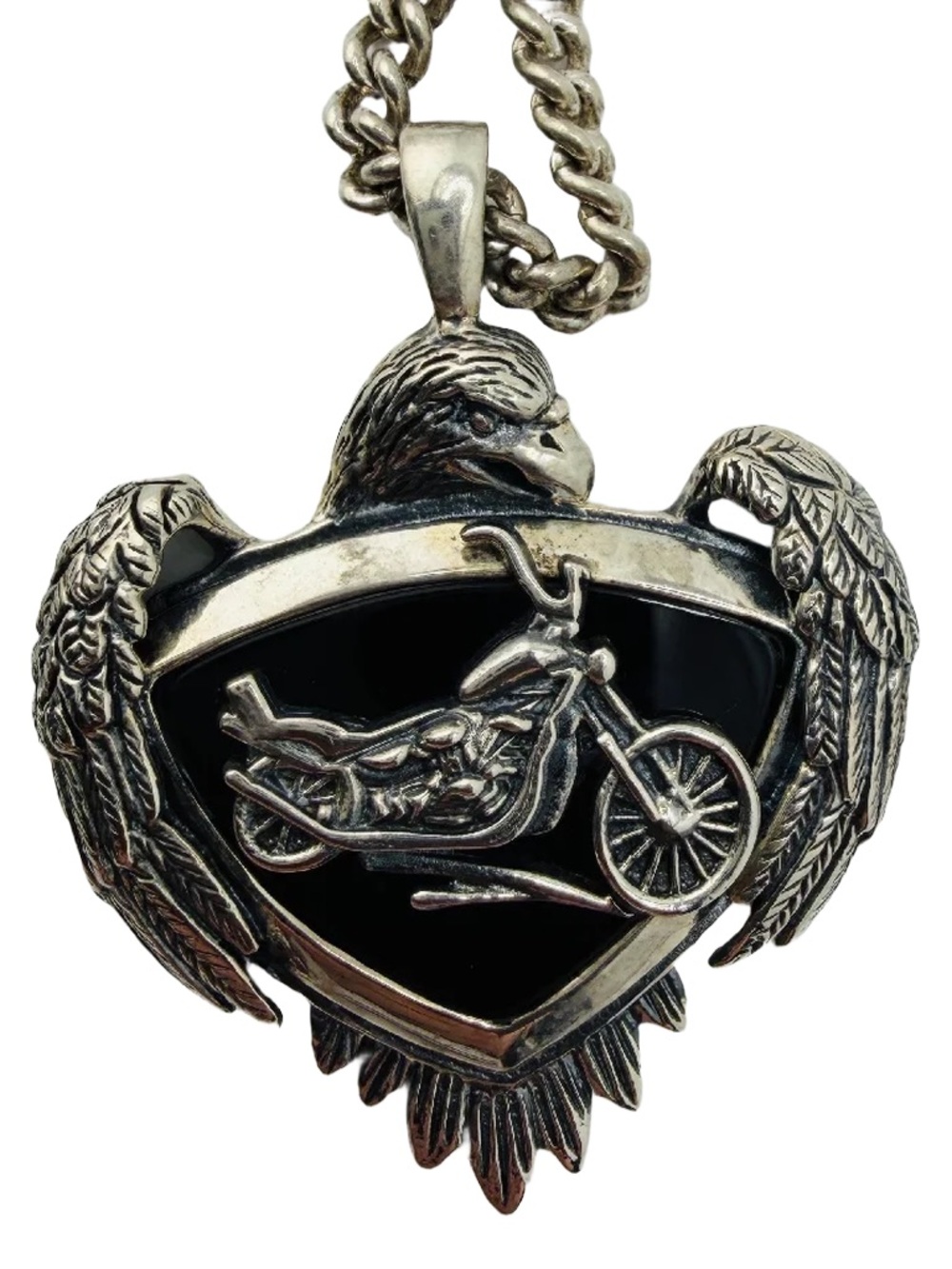 Vintage Silver Eagle Motorcycle Pendant Necklace - Black Accent Men’s Womens - Picture 4 of 11